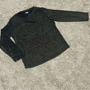 DKNY Metallic Black Gold Shimmer Blouse Long Sleeve Keyhole Top